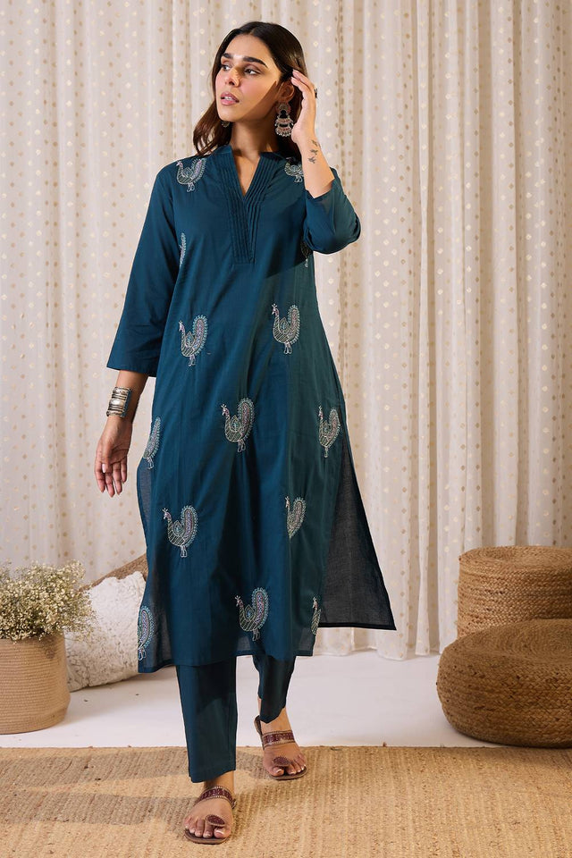 Blue Embroidered Cotton Kurti Pant Set (IDKS0BL12238)