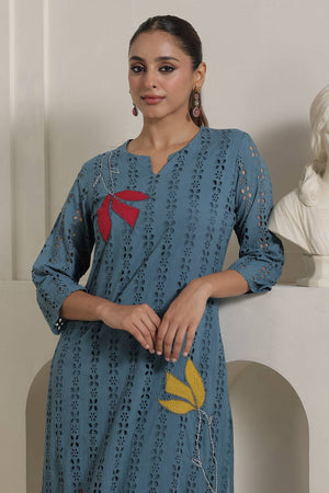 Blue Floral Embroidered Cotton Kurti Pant Set (IDKS0BL12243)