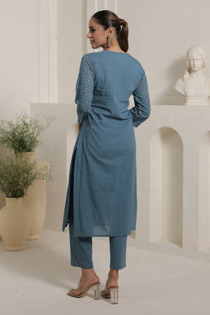 Blue Floral Embroidered Cotton Kurti Pant Set (IDKS0BL12243)