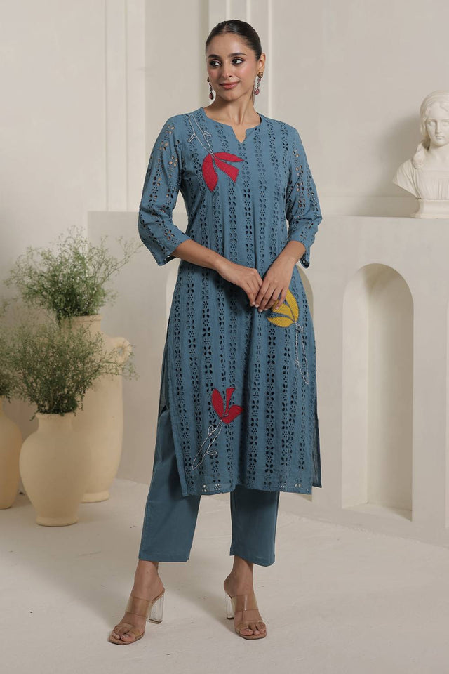 Blue Floral Embroidered Cotton Kurti Pant Set (IDKS0BL12243)