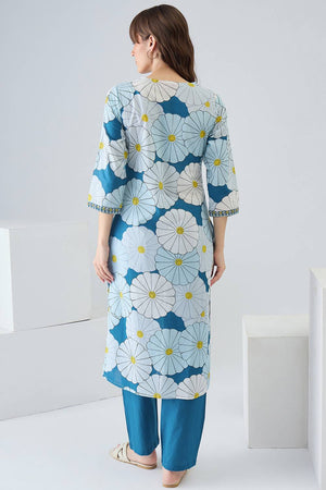 Blue Floral Printed Cotton Kurti Pant Set (IDKS0BL12362)