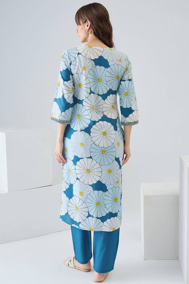 Blue Floral Printed Cotton Kurti Pant Set (IDKS0BL12362)