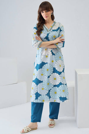 Blue Floral Printed Cotton Kurti Pant Set (IDKS0BL12362)