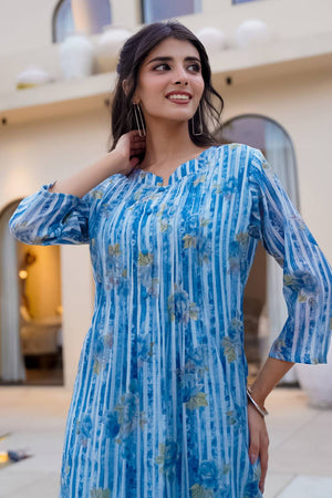 Blue Printed Cotton Kurti Pant Set (IDKS0BL12475)