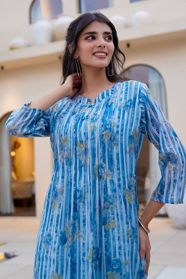 Blue Printed Cotton Kurti Pant Set (IDKS0BL12475)
