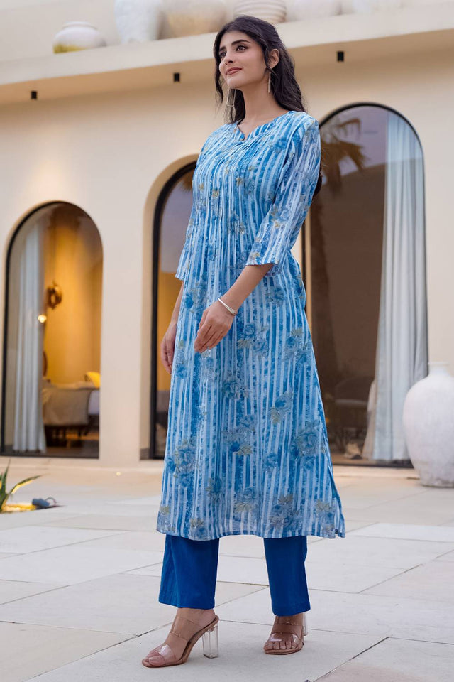 Blue Printed Cotton Kurti Pant Set (IDKS0BL12475)