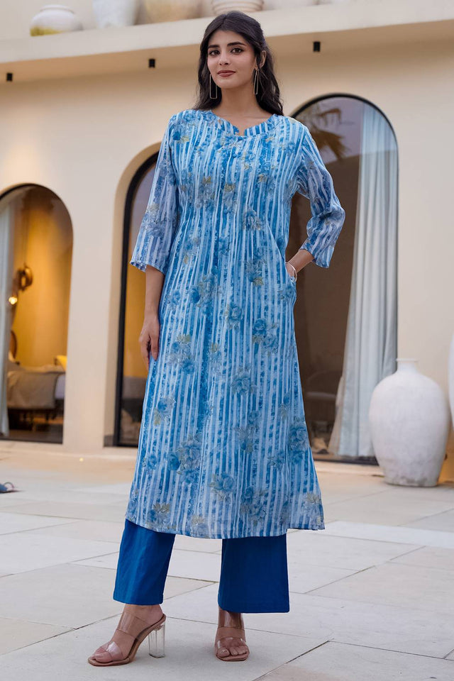 Blue Printed Cotton Kurti Pant Set (IDKS0BL12475)
