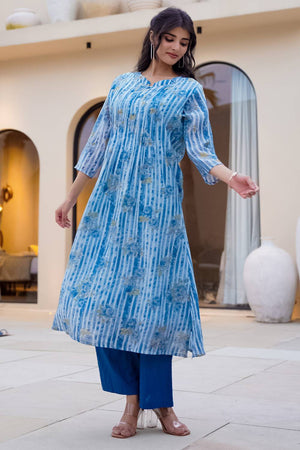 Blue Printed Cotton Kurti Pant Set (IDKS0BL12475)