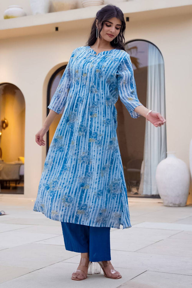 Blue Printed Cotton Kurti Pant Set (IDKS0BL12475)