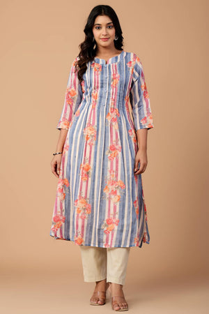 Blue Floral Printed Cotton Kurti Pant Set (IDKS0BL12476)