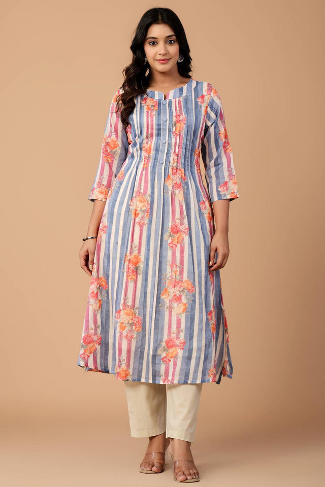 Blue Floral Printed Cotton Kurti Pant Set (IDKS0BL12476)