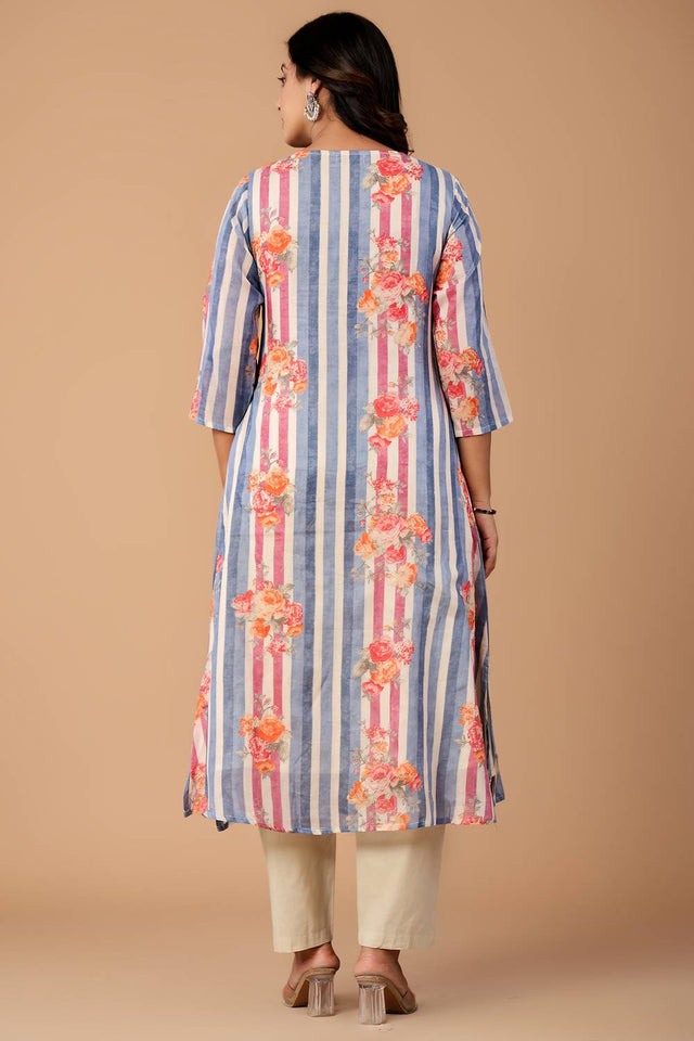 Blue Floral Printed Cotton Kurti Pant Set (IDKS0BL12476)