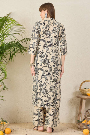 Cream Printed Cotton Kurti Pant Set (IDKS0CR12230)