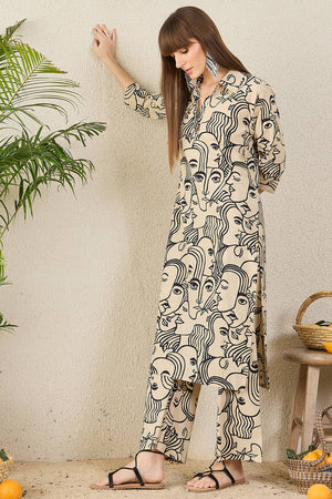 Cream Printed Cotton Kurti Pant Set (IDKS0CR12230)
