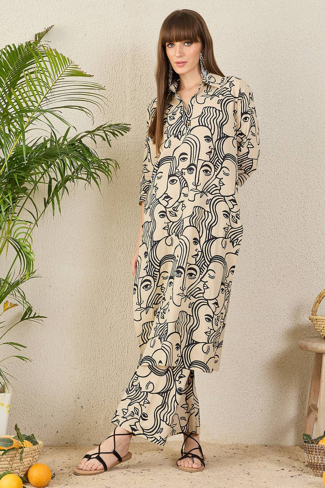 Cream Printed Cotton Kurti Pant Set (IDKS0CR12230)