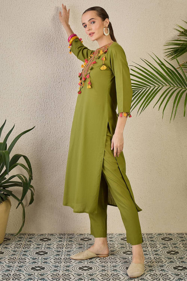 Green Embroidered Cotton Kurti Pant Set