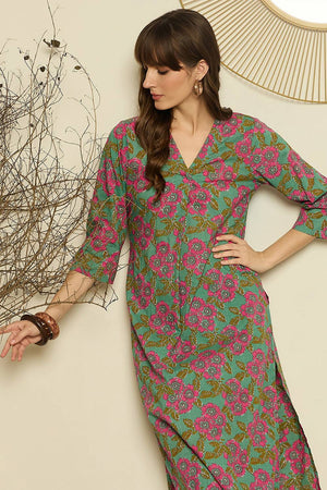 Green Floral Printed Cotton Kurti Pant Set (IDKS0GN11670)
