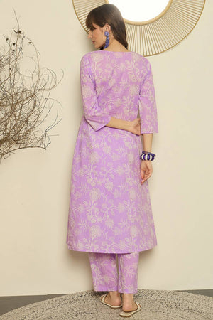 Lavender Floral Printed Cotton Kurti Pant Set (IDKS0LV11879)