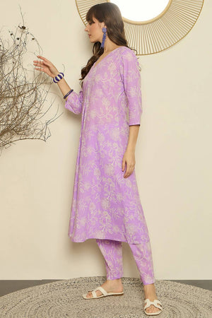 Lavender Floral Printed Cotton Kurti Pant Set (IDKS0LV11879)