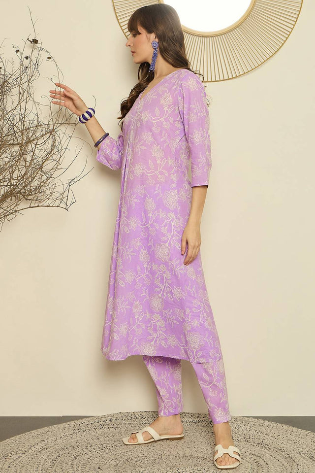 Lavender Floral Printed Cotton Kurti Pant Set (IDKS0LV11879)
