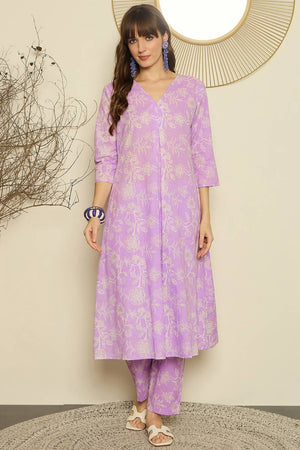 Lavender Floral Printed Cotton Kurti Pant Set (IDKS0LV11879)