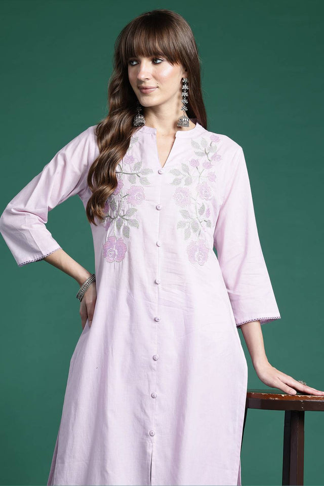 Lavender Embroidered Cotton Kurti Pant Set (IDKS0LV9783)