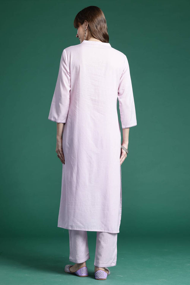 Lavender Embroidered Cotton Kurti Pant Set (IDKS0LV9783)
