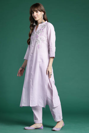 Lavender Embroidered Cotton Kurti Pant Set (IDKS0LV9783)