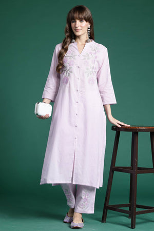Lavender Embroidered Cotton Kurti Pant Set (IDKS0LV9783)