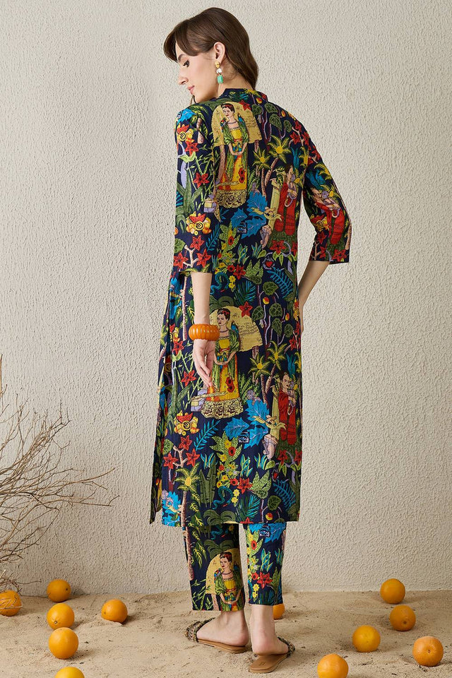 Multi Color Floral Printed Cotton Kurti Pant Set (IDKS0ML11877)