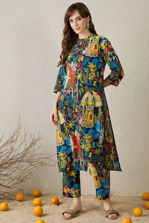 Multi Color Floral Printed Cotton Kurti Pant Set (IDKS0ML11877)