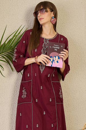 Maroon Embroidered Cotton Kurti Pant Set (IDKS0MR11302)