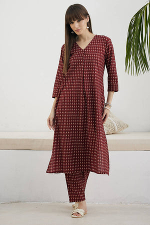 Maroon Printed Cotton Kurti Pant Set (IDKS0MR12144)