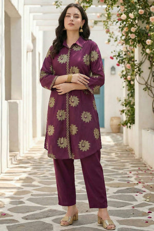 Maroon Embroidered Cotton Kurti Pant Set (IDKS0MR12173)