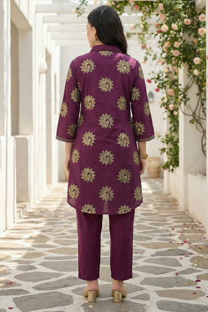 Maroon Embroidered Cotton Kurti Pant Set (IDKS0MR12173)