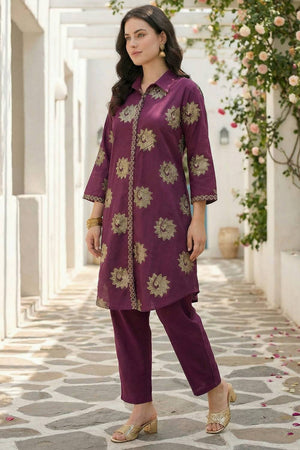 Maroon Embroidered Cotton Kurti Pant Set (IDKS0MR12173)