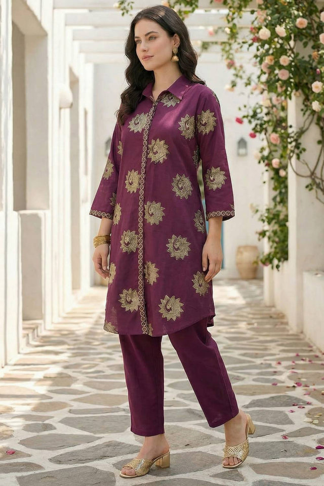 Maroon Embroidered Cotton Kurti Pant Set (IDKS0MR12173)