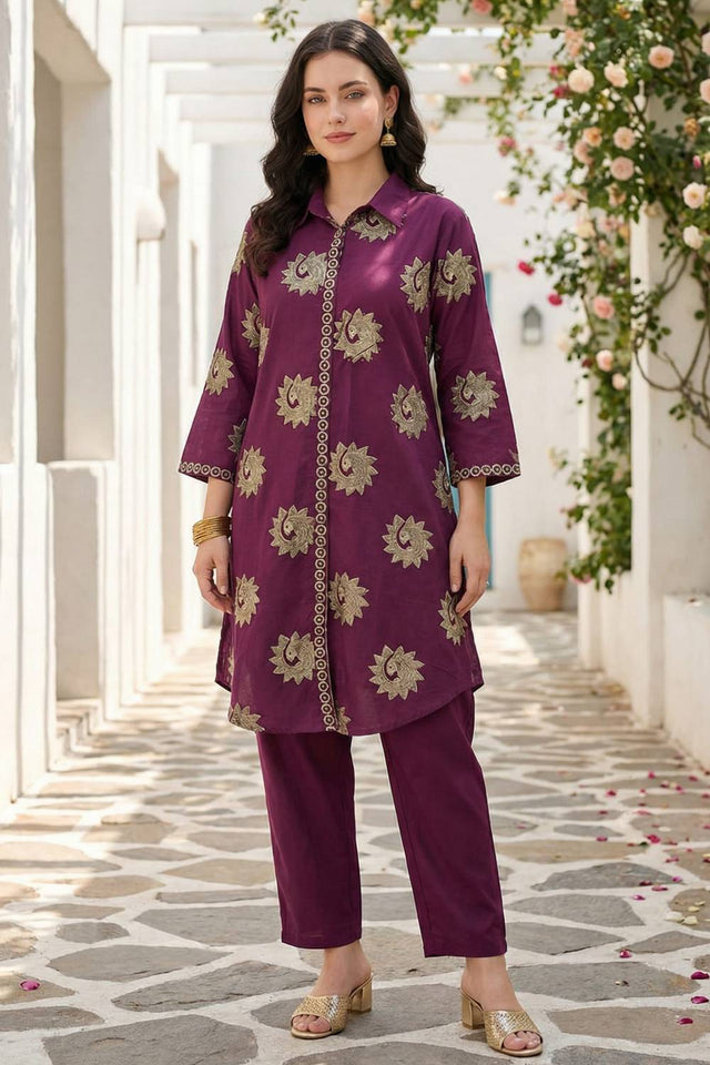Maroon Embroidered Cotton Kurti Pant Set (IDKS0MR12173)