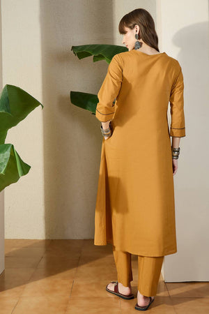 Mustard Embroidered Cotton Kurti Pant Set (IDKS0MT12010)