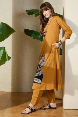 Mustard Embroidered Cotton Kurti Pant Set (IDKS0MT12010)