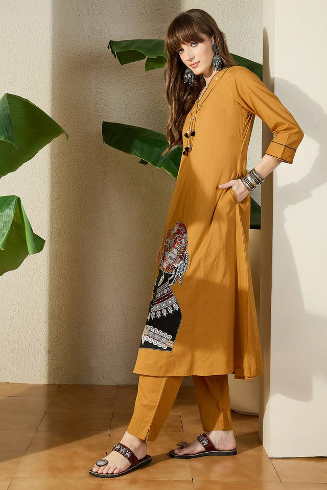 Mustard Embroidered Cotton Kurti Pant Set (IDKS0MT12010)