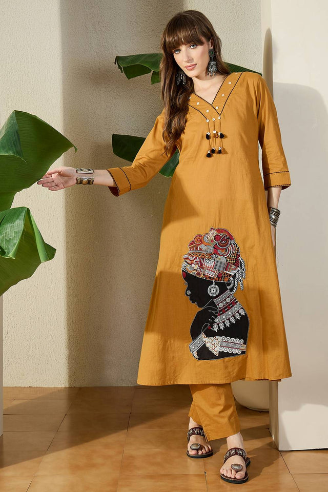 Mustard Embroidered Cotton Kurti Pant Set (IDKS0MT12010)