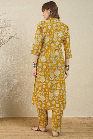 Mustard Floral Printed Cotton Kurti Pant Set (IDKS0MT12155)