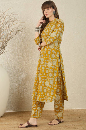Mustard Floral Printed Cotton Kurti Pant Set (IDKS0MT12155)