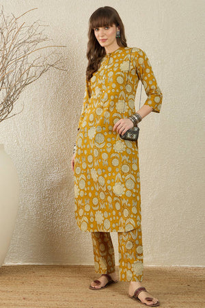 Mustard Floral Printed Cotton Kurti Pant Set (IDKS0MT12155)