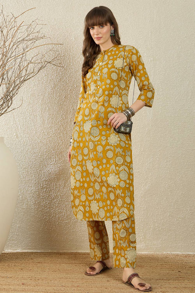 Mustard Floral Printed Cotton Kurti Pant Set (IDKS0MT12155)