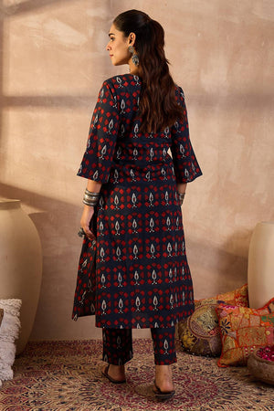 Navy Blue Printed Cotton Kurti Pant Set (IDKS0NB11884)