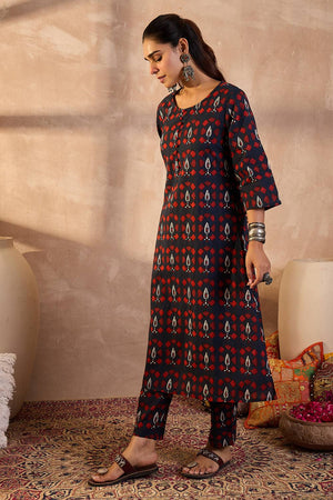 Navy Blue Printed Cotton Kurti Pant Set (IDKS0NB11884)