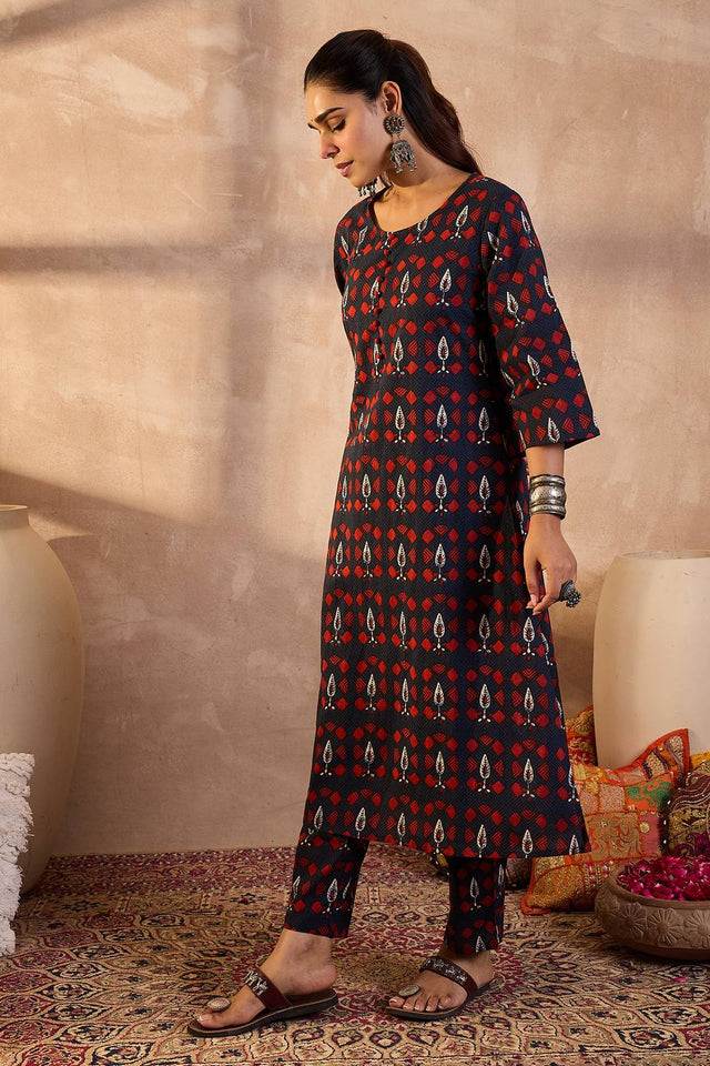 Navy Blue Printed Cotton Kurti Pant Set (IDKS0NB11884)