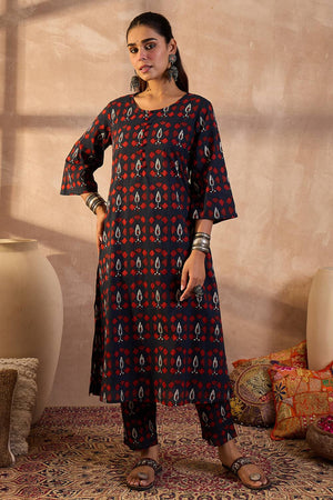 Navy Blue Printed Cotton Kurti Pant Set (IDKS0NB11884)